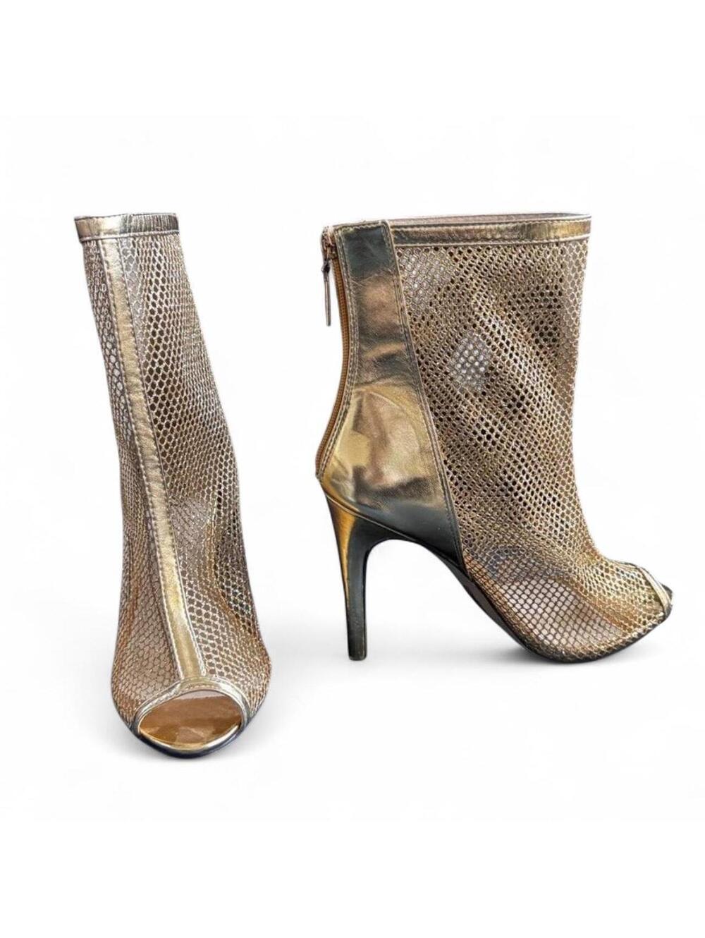 Gold mesh ankle stiletto boots with peep toe and zipper detail #glam #partyboots